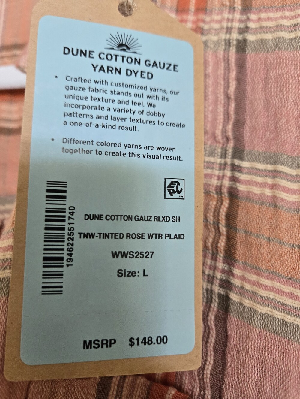 Faherty Dune Cotton Gauze Shirt L Tinted Rose Water Plaid NWT - Picture 2 of 7